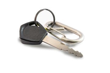 Black motorcycle keys with keychain isolated on white background with copy space and clipping path.