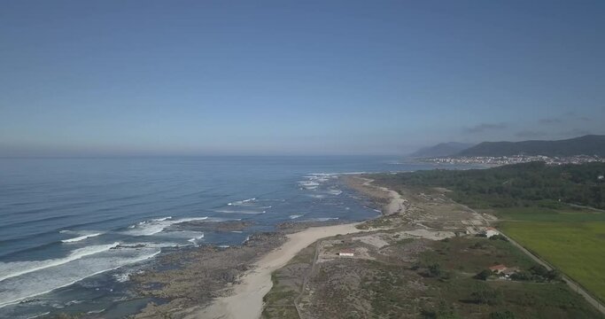 Aerial top down view of Portuguese northern beach of Caminha, Viana do Castelo, Portugal