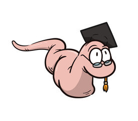 Intelligent and educated worm cartoon wearing glasses and a graduation hat, isolated on white background.