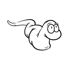 Funny worm cartoon in black and white, a hand drawn vector doodle of a worm character, isolated on white background.