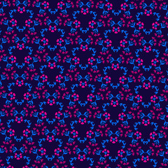 Bright botanical pattern with pink flowers and blue leaves flat lay on a dark blue background