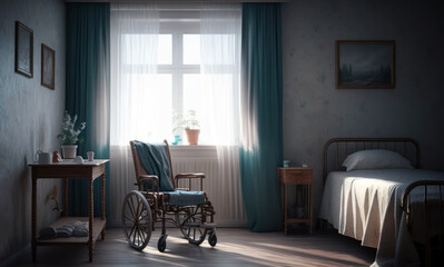 Fototapeta na wymiar Empty wheel chair in a hospital room interior. Wheelchair in a nursing home. Generative AI