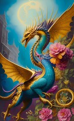 Obraz premium A fabulous dragon and flowers. Generative AI. Fantasy illustration