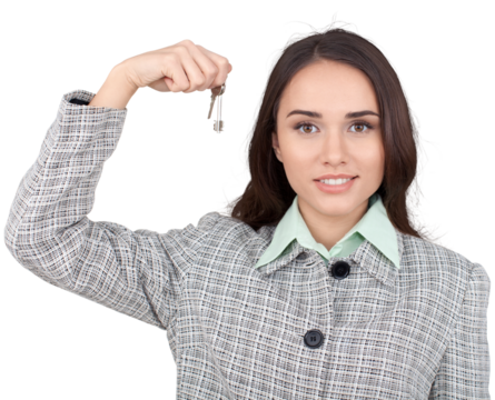 Smiling woman holding keys, Real Estate Agent