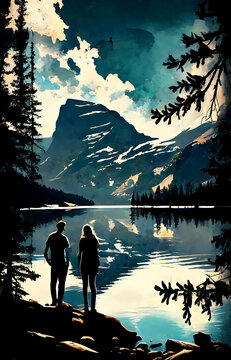 silhouette of a couple on a lake
