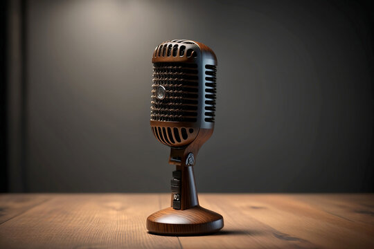 retro microphone of the Wooden Table blank space, podcast microphone on table, AI Generative