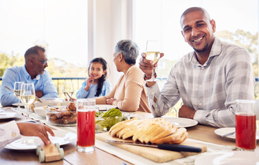 Wine, portrait and man at happy family brunch, lunch or celebration event for reunion, bond and enjoy quality time together. Love smile, happiness and group of people eating food meal at Mexico home