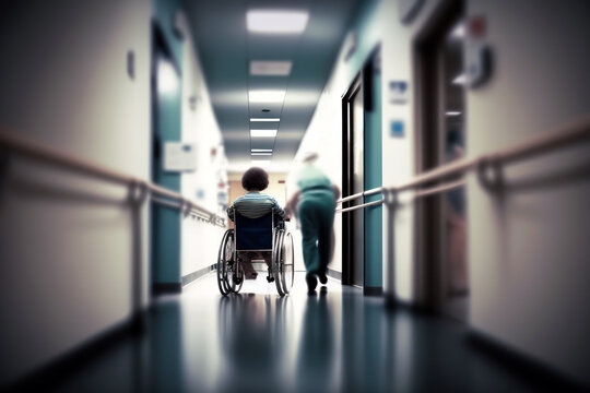 Patient on a wheel chair in a hospital corridor. Wheelchair in a nursing home. Generative AI
