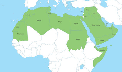 map of Arab World with borders of the states