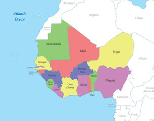 Fototapeta premium map of Western Africa with borders of the states.
