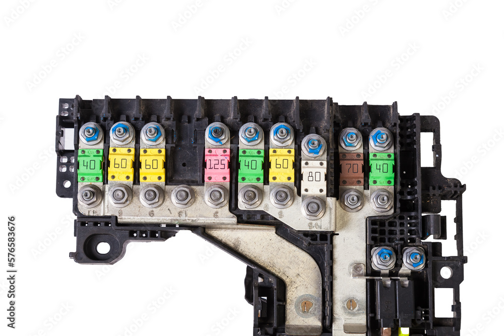 Poster Close up view of Car Fuse box, Control engine lighting. Car electrical and automobile industry.