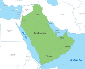 map of Arabian Peninsula with borders of the states. - obrazy, fototapety, plakaty