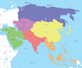 Fototapeta na wymiar map of Asia with borders of the states.
