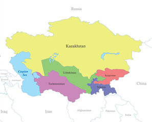 map of Central Asia with borders of the states.