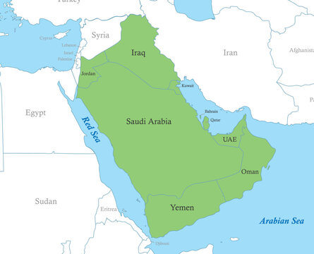 map of Arabian Peninsula with borders of the states.