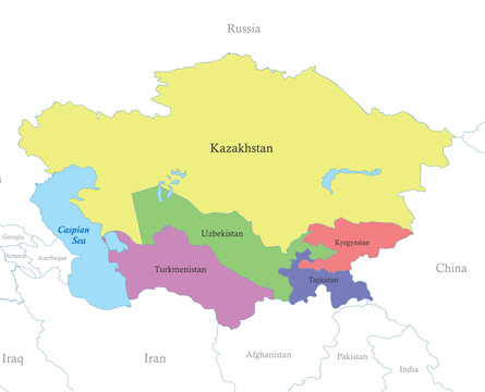 map of Central Asia with borders of the states.