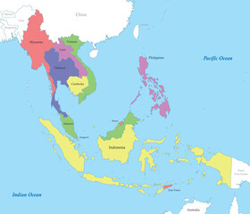 map of Southeast Asia with borders of the states.