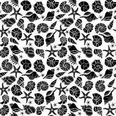 Hand-Drawn sea shells, fossils, starfish, vector seamless pattern. Summer beach seaside print. Ocean fashion textile
