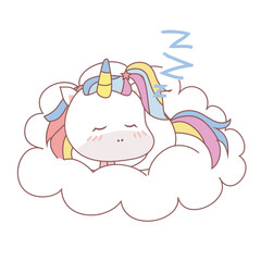 Clipart kawaii and cute baby unicorn sleeping on the cloud on white background for kids fashion artworks, children books, birthday invitations, greeting cards, posters. Fantasy cartoon vector.