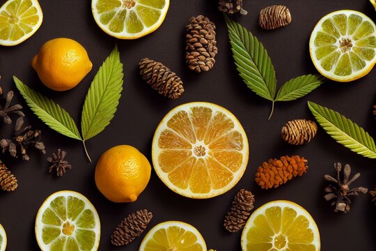 Cannabis terpenes concept with Marijuana bud lemons grapefruit leafs and pine cones. Generative AI