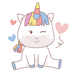 Clipart kawaii and cute baby unicorn sit and wink her eye on white background for kids fashion artworks, children books, birthday invitations, greeting cards, posters. Fantasy cartoon vector.