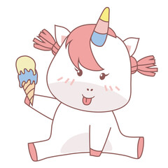 Clipart kawaii and cute baby unicorn eating delicious ice cream on white background for kids fashion artworks, children books, birthday invitations, greeting cards, posters. Fantasy cartoon vector ill