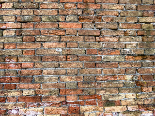 Horizontal brick textured wall background in design loft style. Grunge reddish brown colored with copy space. Blank poster or wallpaper surface template. Partly damaged pattern.