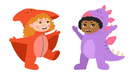 Little african american boy and girl dressed in jumpsuit kigurumi in form of dinosaurs. Boy and girl in costume with hood and tail. Cozy dino pajamas. Cartoon flat vector illustration