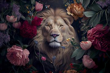 Lion portrait with flowers and leaves. Creative animal portrait. Generative Ai