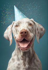 Happy dog wearing party hat. Birthday card background with confetti flying. Generative AI
