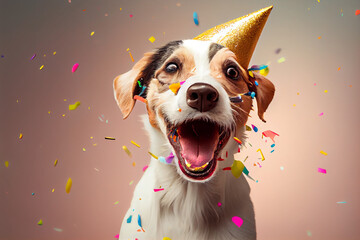 Funny dog wearing pary hat, birthday celebration card. Happy pets. Generative AI - 576585294
