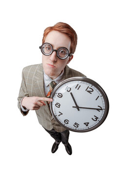Nerd funny guy holding a clock