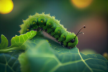 Naklejka premium Catepillar eating green vegetable leaf . Close up view on garden pest. Generative Ai