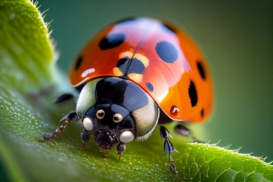 Ladybird or ladybug insect on green leaf in garden. Close up macro view. Generative Ai