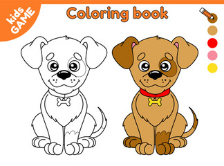 Dog outline and colorful dog. Page of coloring book. Kids game Color the cartoon puppy. Worksheet for preschool and school children. Vector illustration with cute pet animal in childish style.