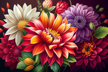 Fototapeta premium Vivid colorful flowers background. Fresh blossom and petals. Generative Ai