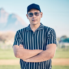 Man, baseball and portrait of referee with arms crossed ready for game, rules or professional match...