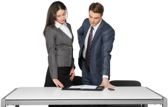 Coworkers Working at Desk with Organizer - Isolated