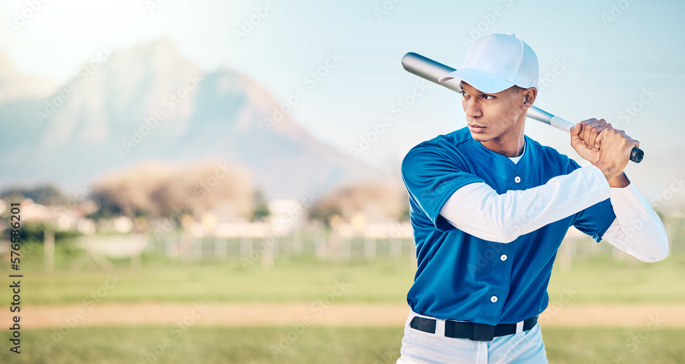 Sticker Sports, baseball and man with bat in action ready to hit ball in game, practice and competition on field. Fitness, sport mockup and serious male athlete outdoors for training and workout for match