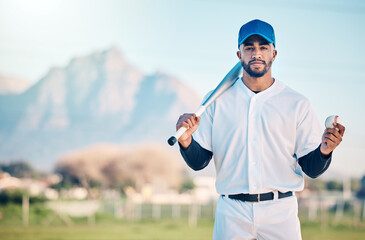 Sports, baseball and portrait of man with bat on field ready for game, practice and competition mockup. Fitness, confident mindset and athlete outdoors for exercise, training and workout for match
