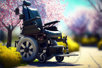 Electric wheelchair in a park. Empty motor wheel chair Spring trees and nature background. Generative AI