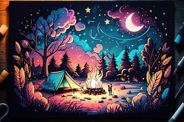 camp fire bright in the night sky artistic doodle style design illustration. colorful neon watercolors. Creative art background. Generative AI