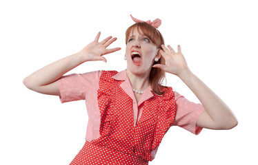 Funny old style housewife shouting out loud