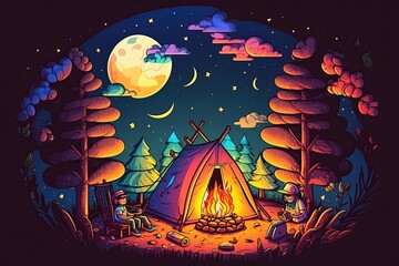 camp fire bright in the night sky artistic doodle style design illustration. colorful neon watercolors. Creative art background. Generative AI