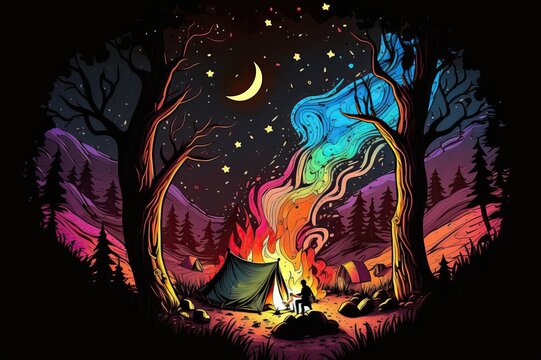 camp fire bright in the night sky artistic doodle style design illustration. colorful neon watercolors. Creative art background. Generative AI