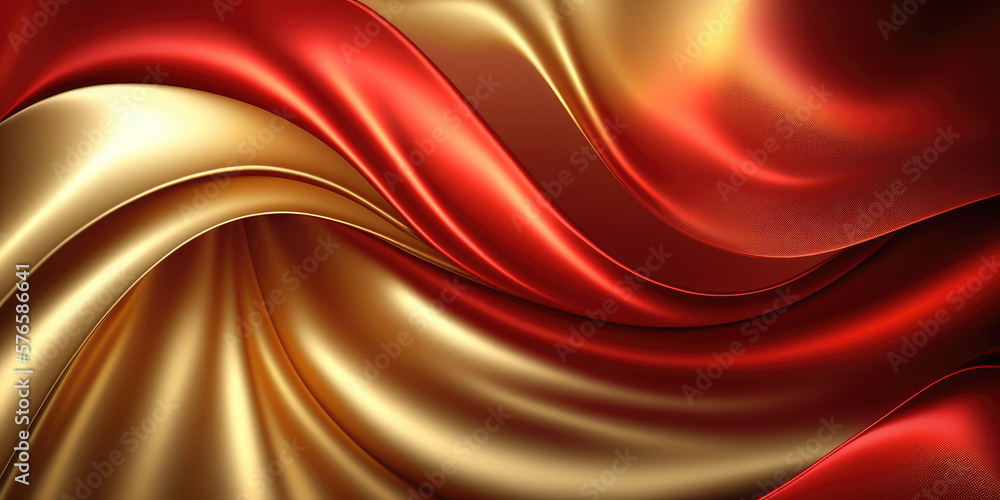 Wall mural satin texture red and gold fabric background illustration, silk backdrop generative ai