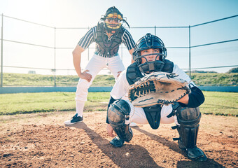 Sports, baseball and catcher with man on field for fitness, pitching and championship training....