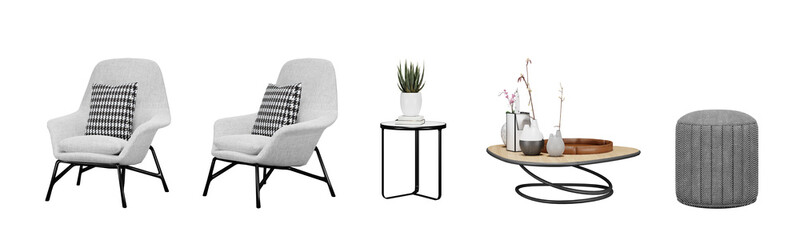 Set of interior furniture on transparent background, armchair, sofa, wooden table, 3d render illustration.