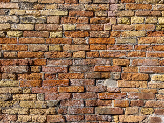 Fototapeta premium Horizontal brick textured wall background in design loft style. Grunge reddish brown colored with copy space. Blank poster or wallpaper surface template. Partly damaged pattern.