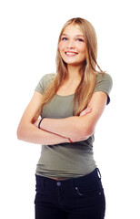 Fototapeta premium An attractive young female model posing for contemporary style, fashion, and beauty brand posing with arms crossed wearing designer clothing isolated on a png background.